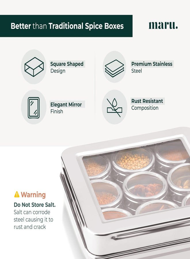 مارو علبة ماسالا مربعة من الفولاذ المقاوم للصدأ من مارو، سعة 140 مل لكل علبة، مزودة بأغطية شفافة، محكمة الإغلاق، متعددة الاستخدامات لتخزين التوابل والفواكه المجففة والمخواس وغيرها، لون فضي. - Image 4